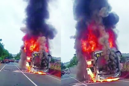 ಪಲ್ಲಕ್ಕಿ ಬಸ್‌ಗೆ ಆಕಸ್ಮಿಕ ಬೆಂಕಿ ಪ್ರಯಾಣಿಕರು ಪ್ರಾಣಾಪಾಯದಿಂದ ಪಾರು